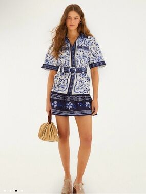FARM RIO Blue & White Floral Belted Dress